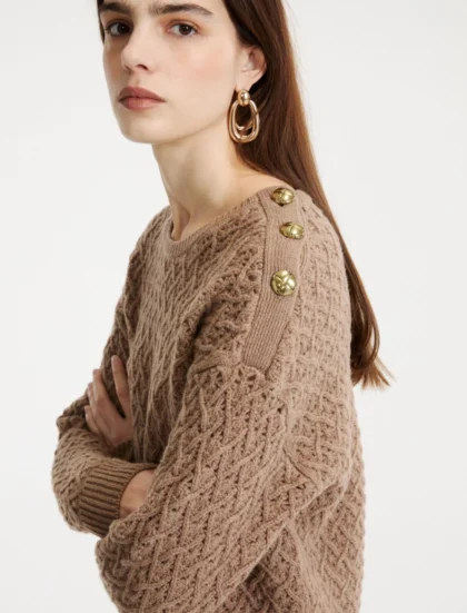 Merino wool crew-neck jumper with bijou buttons, hazelnut brown - MARELLA