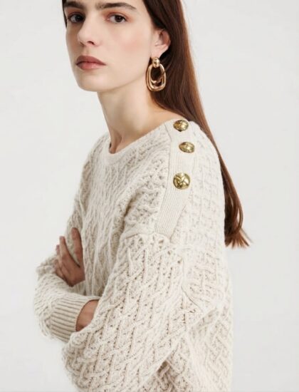 Merino wool crew-neck jumper with bijou buttons, écru - MARELLA
